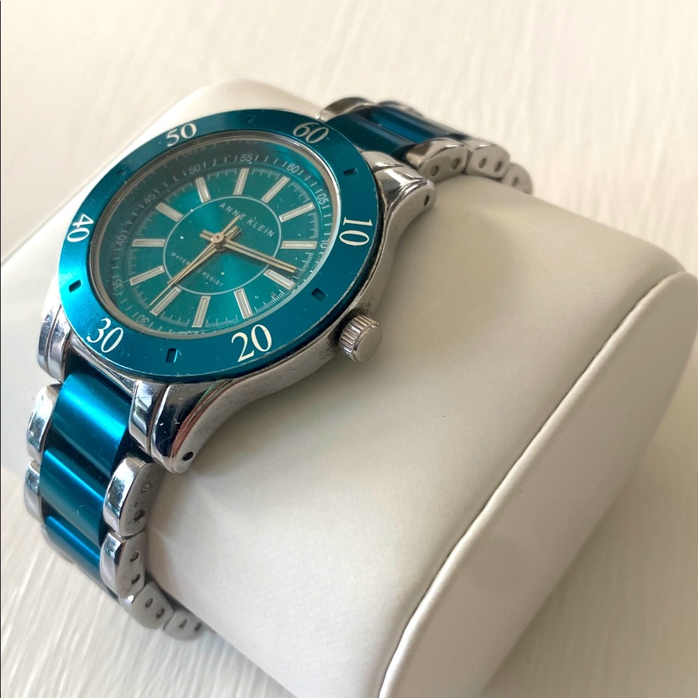 Anne Klein Teal Blue Dial & Enamel Link Silver Tone Sport Bracelet Watch - Picture 7 of 16